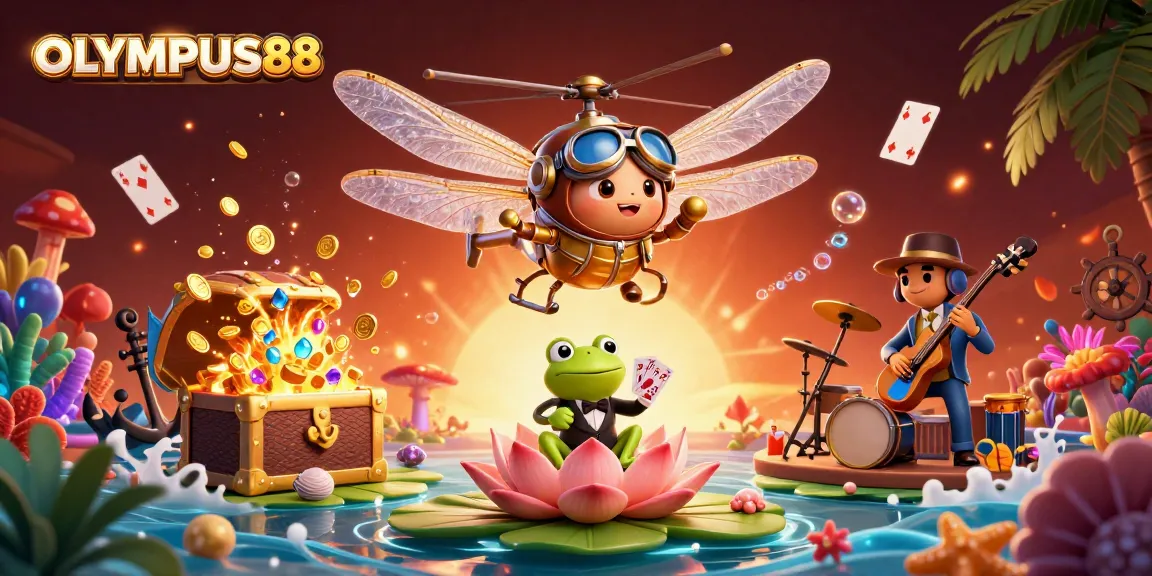 OLYMPUS88 menyajikan suasana kasino dengan dealer katak dan pesawat naga terbang.