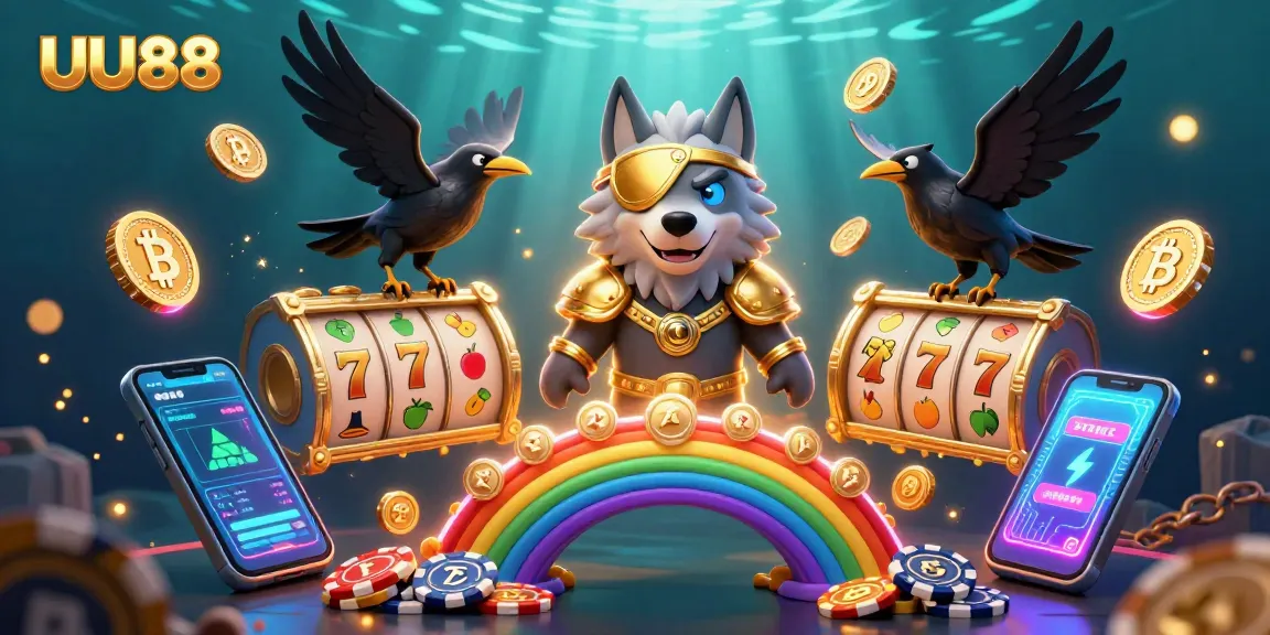 Spin slots and win on UU88 with a captivating illustration of a mythical wolf and ravens amidst vibrant casino elements.