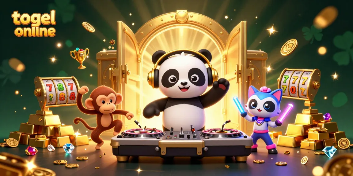 Bermain togel online dengan suasana meriah yang diisi DJ panda dan kucing berpenari, sambil dikelilingi harta karun emas.