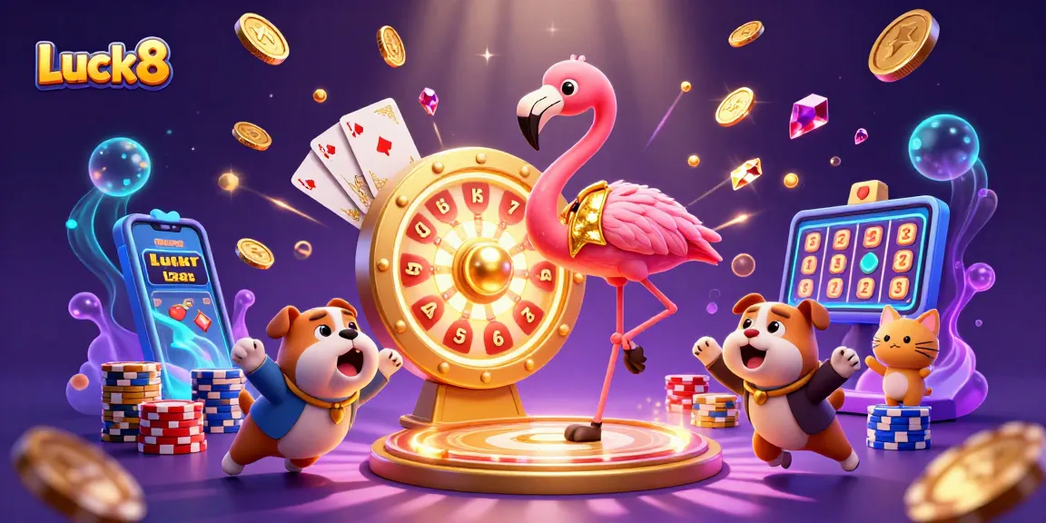 Experience the exciting world of Luck8 with vibrant casino elements and dynamic characters.