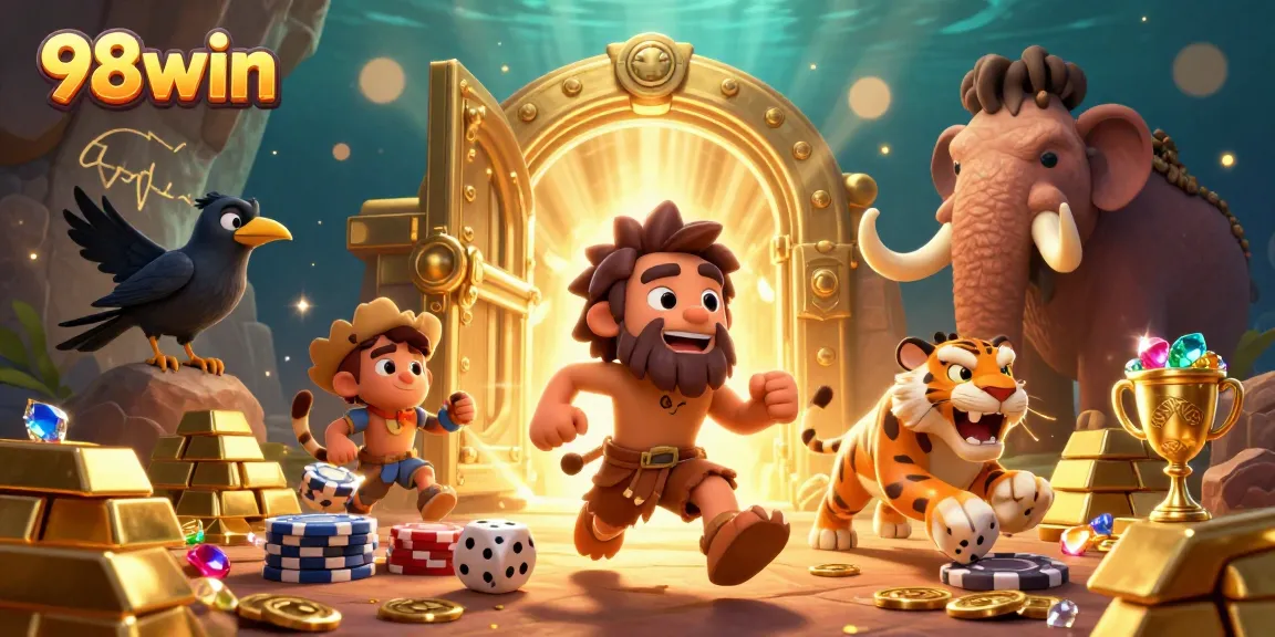 Experience the excitement of 98win with vibrant casino elements and playful characters.