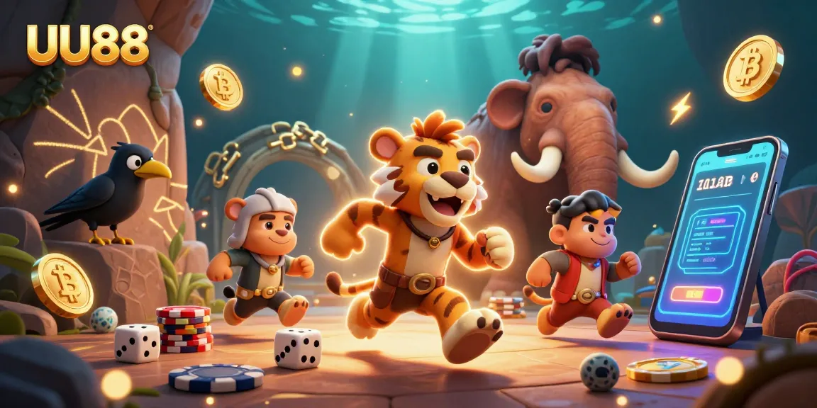 UU88 captures thrilling moments of players winning at a vibrant animated prehistoric casino.