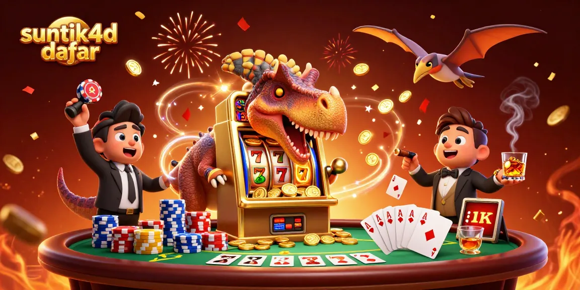 Aktivitas menang jackpot dari suntik4d daftar dengan karakter dino dan mesin slot emas yang berkilau.
