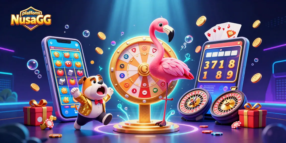 Engage with the platform NusaGG through interactive gameplay and prizes in vibrant casino illustration.