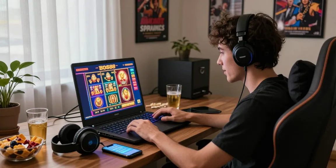 Aktivitas gaming online di BOS88 Daftar dengan individu bersemangat menggunakan laptop dan grafik permainan yang menarik.