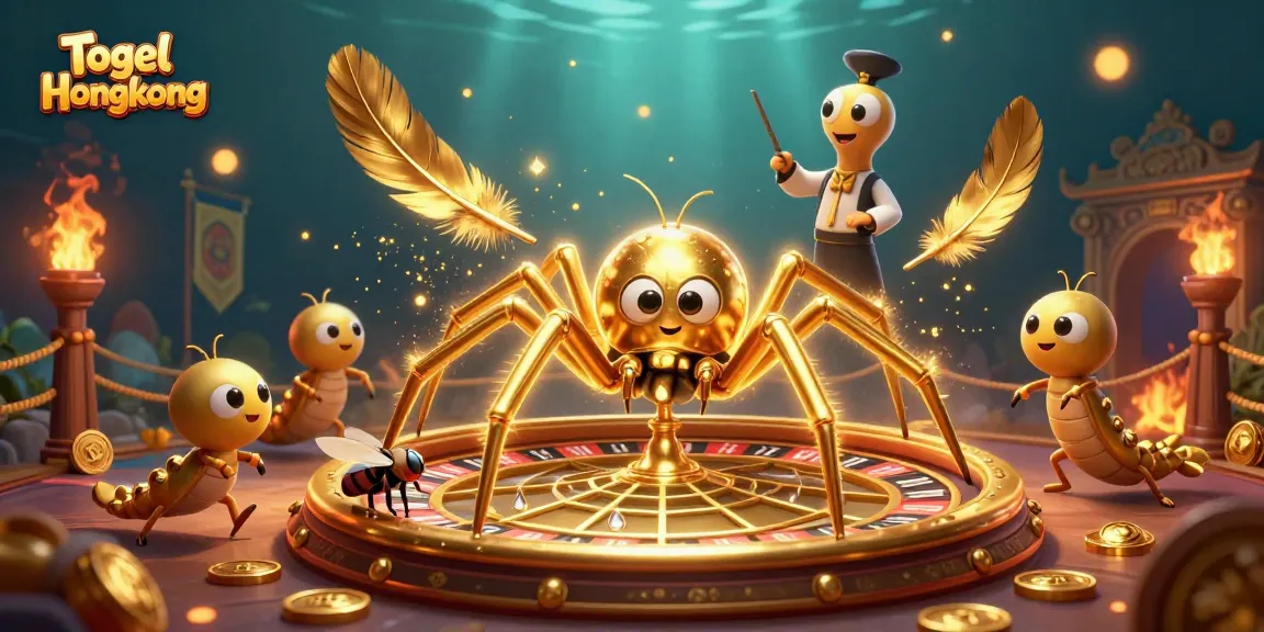 Engage in Togel Hongkong as a golden spider spins a roulette wheel web full of vibrant betting elements.