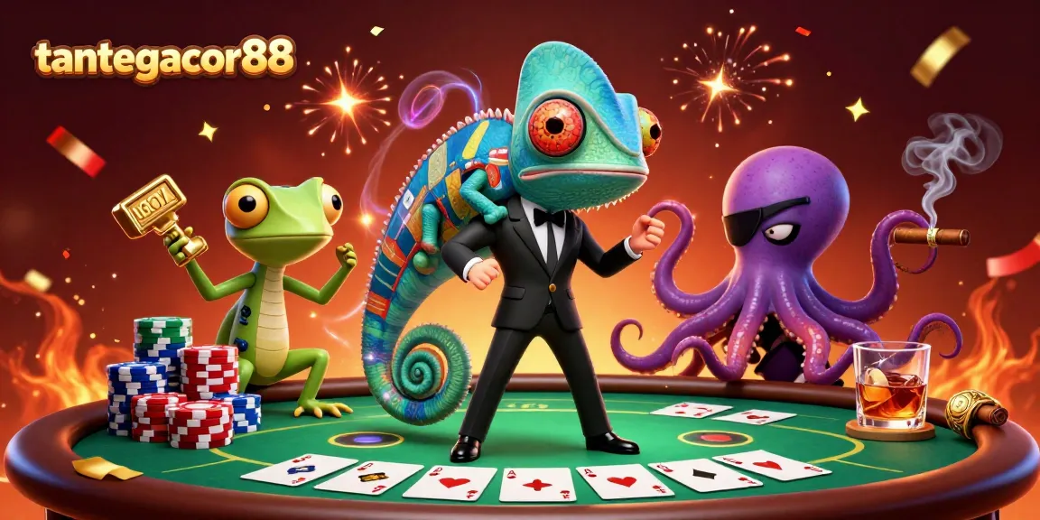 Permainan kasino tantegacor88 meriah dengan agen chameleon, gecko cerdas, dan gurita jahat.