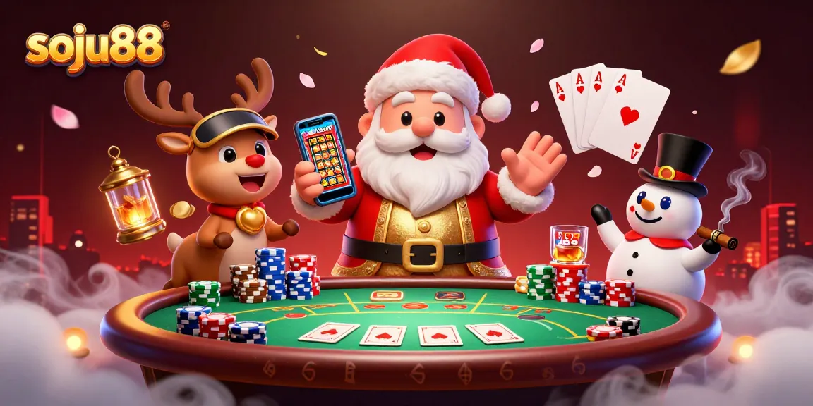 Engage in thrilling slots action at soju88 with Santa, his reindeer dealer, and a poker chip snowman!