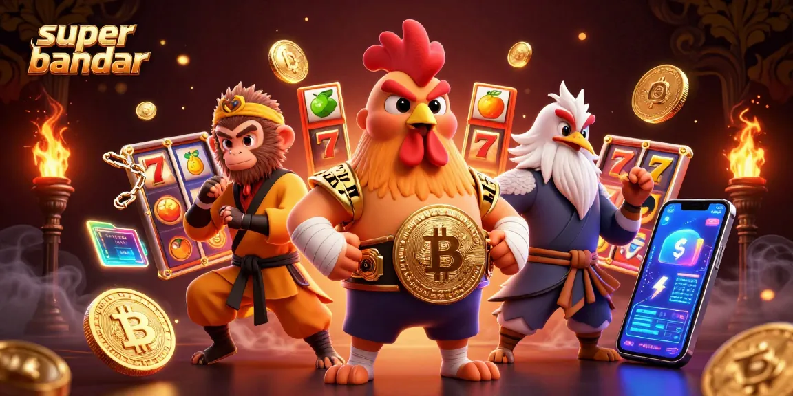 Memenangkan jackpot dalam permainan slot super bandar dengan simbol buah, kartu, dan lingkungan kasino penuh warna.