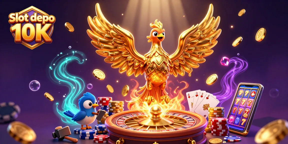 Exciting Slot depo 10K scene with a phoenix and winning symbols in a vibrant casino setting