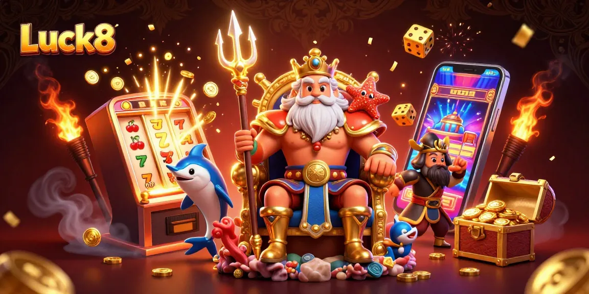 Luck8's vivid casino scene features Neptune and a samurai, embodying dynamic gaming excitement.
