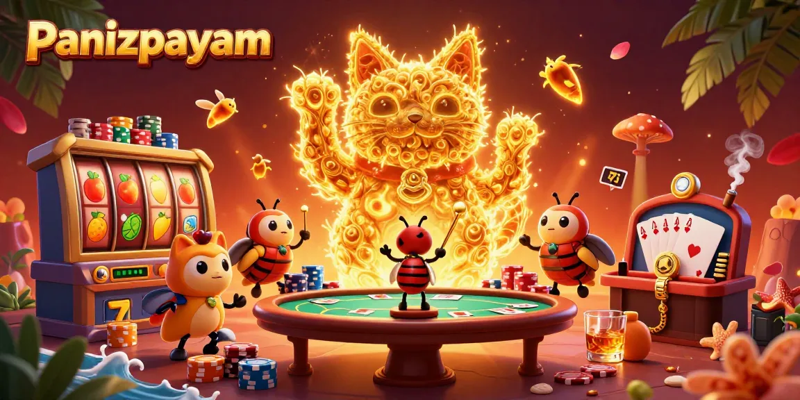 Panizpayam menghadirkan slot menguntungkan dengan karakter kucing keberuntungan yang dikelilingi simbol kasino.