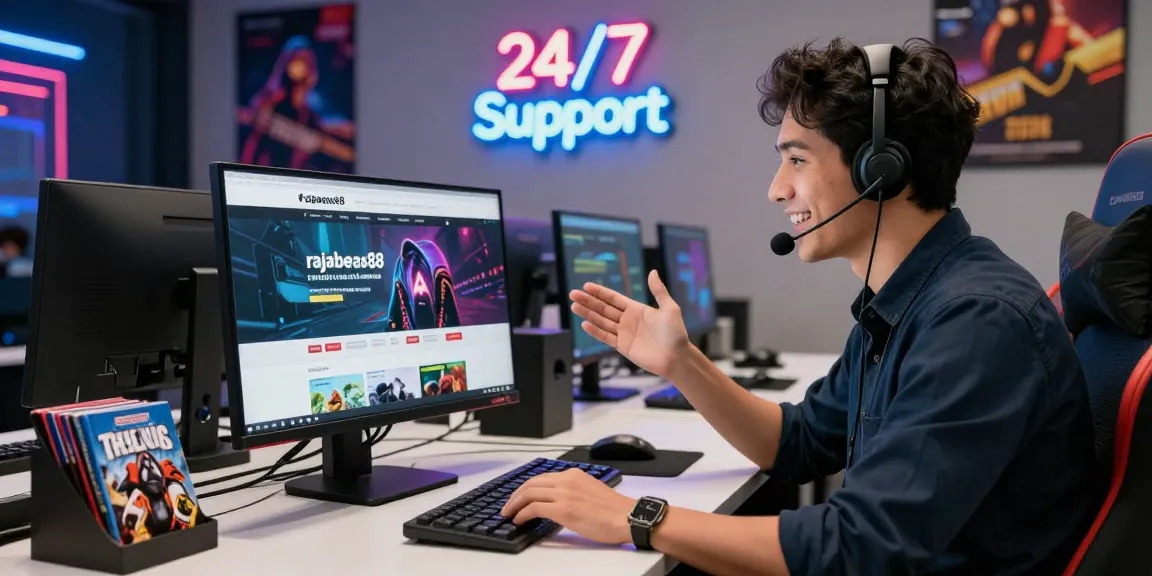 Customer representative at rajaberas88 helpdesk providing 24/7 support in a vibrant gaming-themed environment.