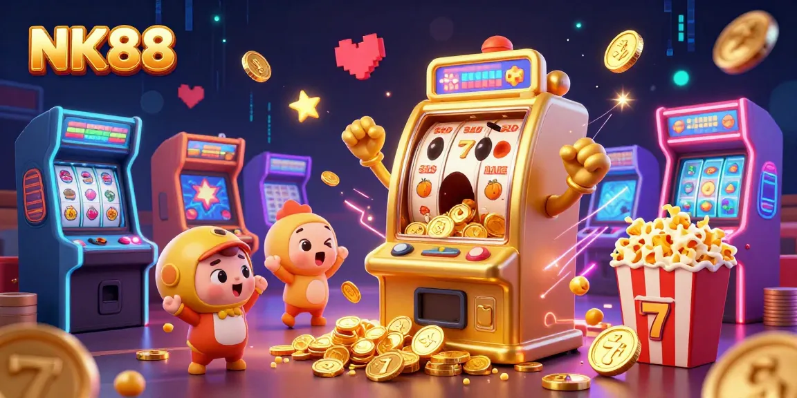 Experience NK88's animated slot machines celebrating jackpots among vibrant gaming elements in this thrilling illustration.