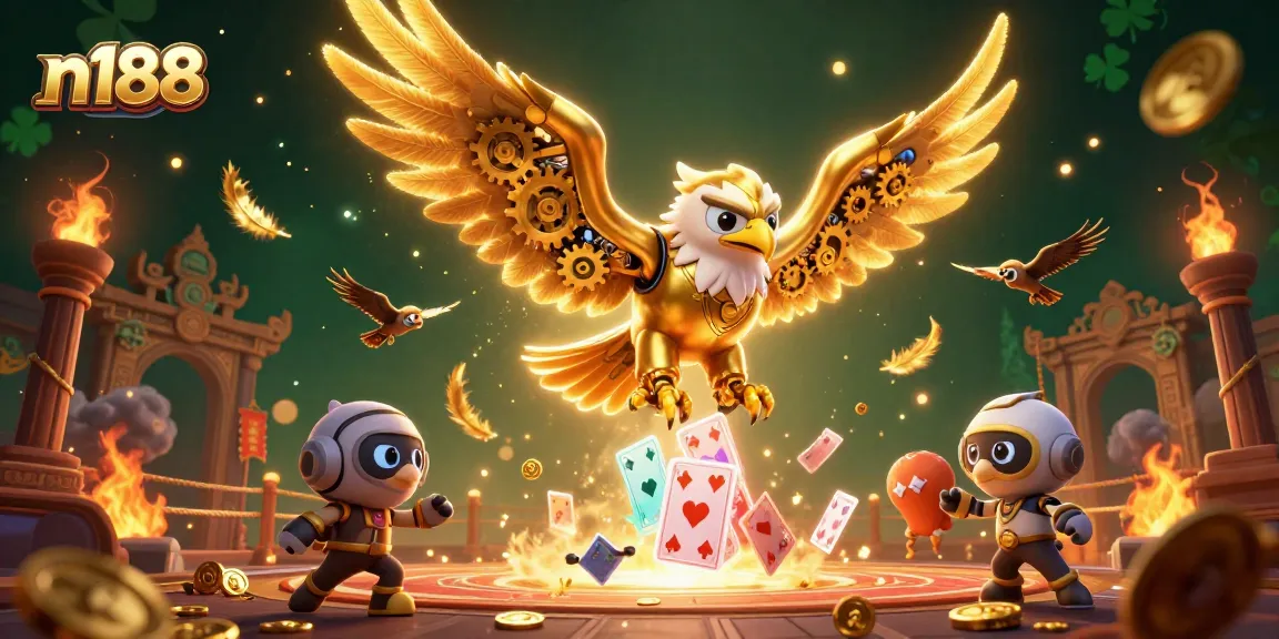 Experience the excitement of n188 with a cybernetic golden eagle soaring through holographic playing cards.