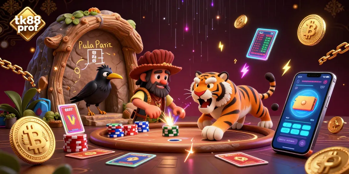 Engage with the vibrant online casino atmosphere of tk88 prof featuring authentic gaming elements, neon cryptocurrency details, and dynamic prehistoric characters.
