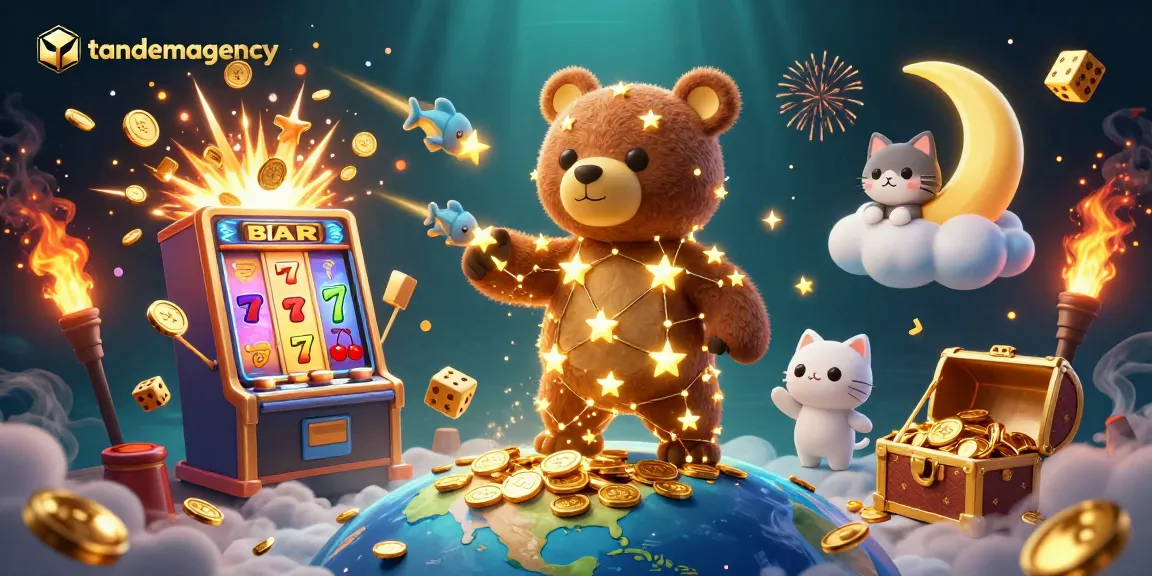 Tandemagency showcases a vibrant 3D scene with a constellation bear scooping coins, amidst a jackpot explosion of casino elements.