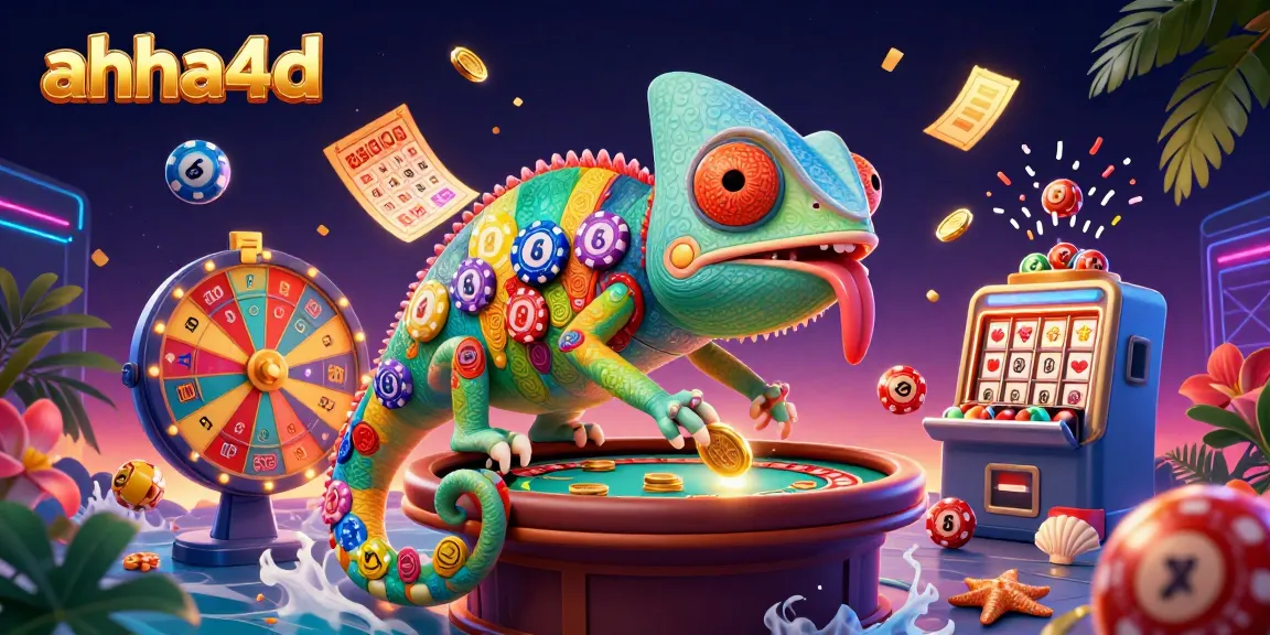 Experience thrilling gameplay at ahha4d with a vibrant illustration showcasing a dynamic chameleon casino owner and engaging lottery elements.