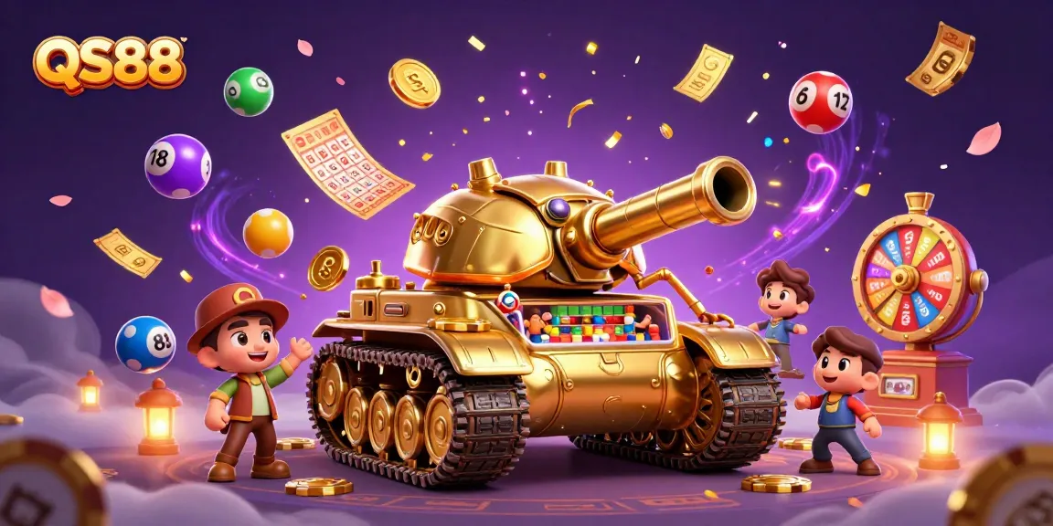 Experience the excitement of QS88 as a golden casino tank reveals dazzling games and confetti!