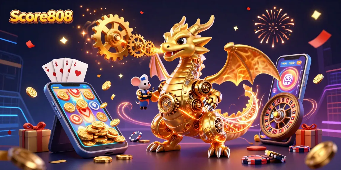 Score808 ignites excitement with a 3D dragon breathing gears, surrounded by casino elements.