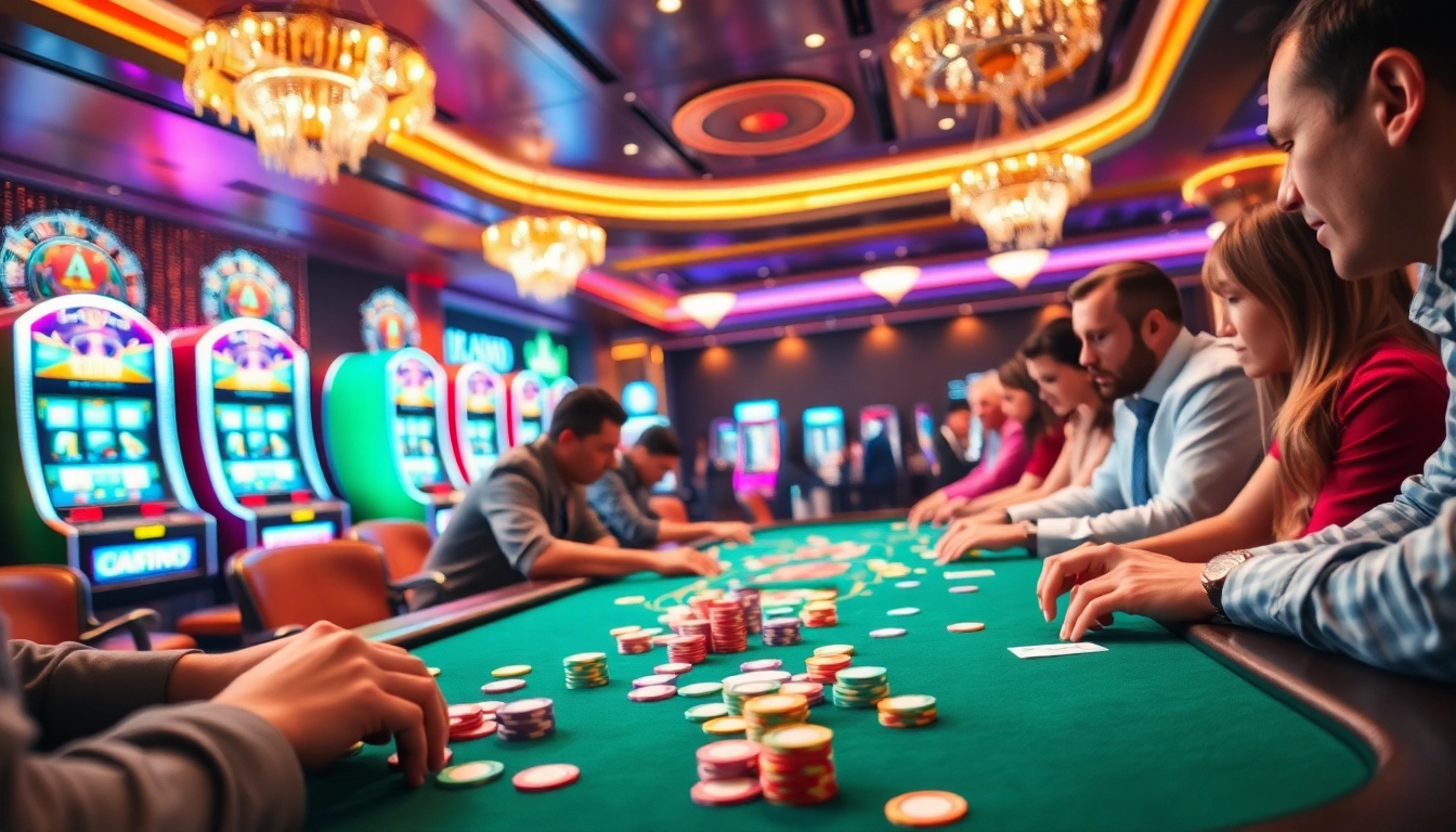 Situs togel dalam suasana kasino yang hidup dengan pemain dan meja judi yang menarik.