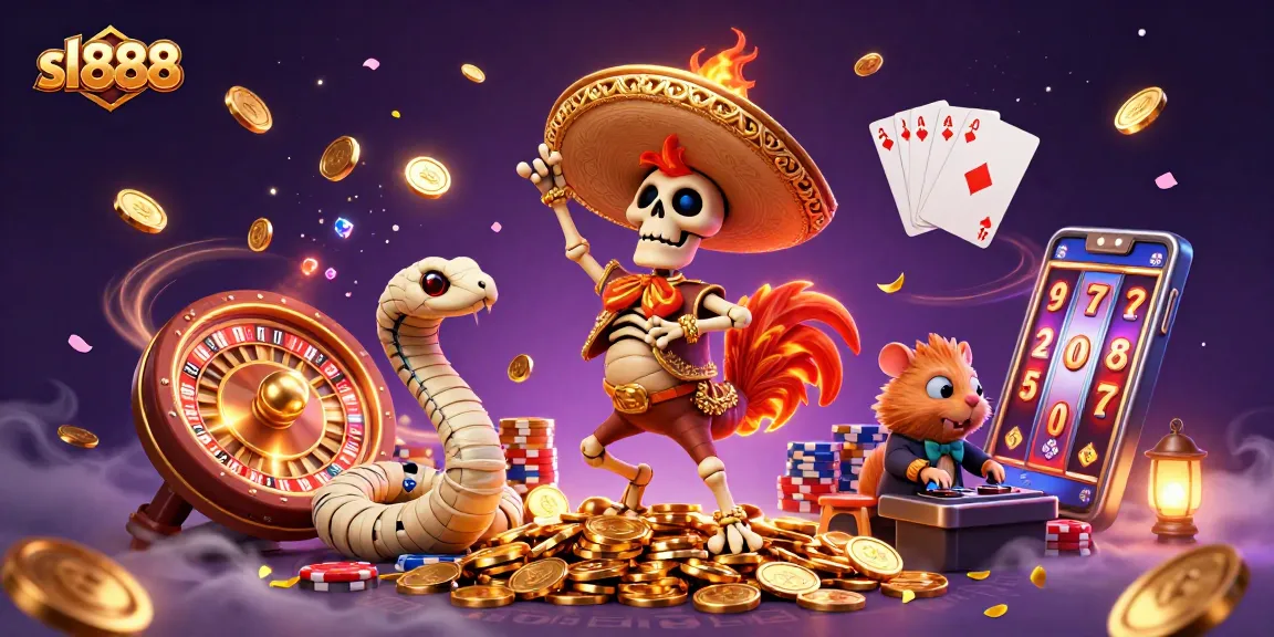 Spin and win with sl888 as a mariachi rooster dances on golden coins amidst vibrant casino scenes.