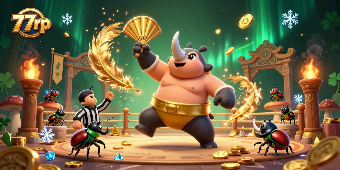 77rp players enjoy a dynamic gaming scene with a beetle sumo champion and golden coins.