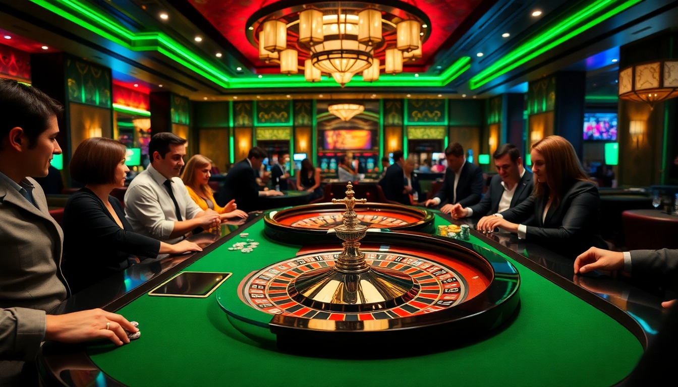 OLYMPUS88 menampilkan suasana kasino penuh semangat dengan pemain yang terlibat dalam permainan meja roulette.