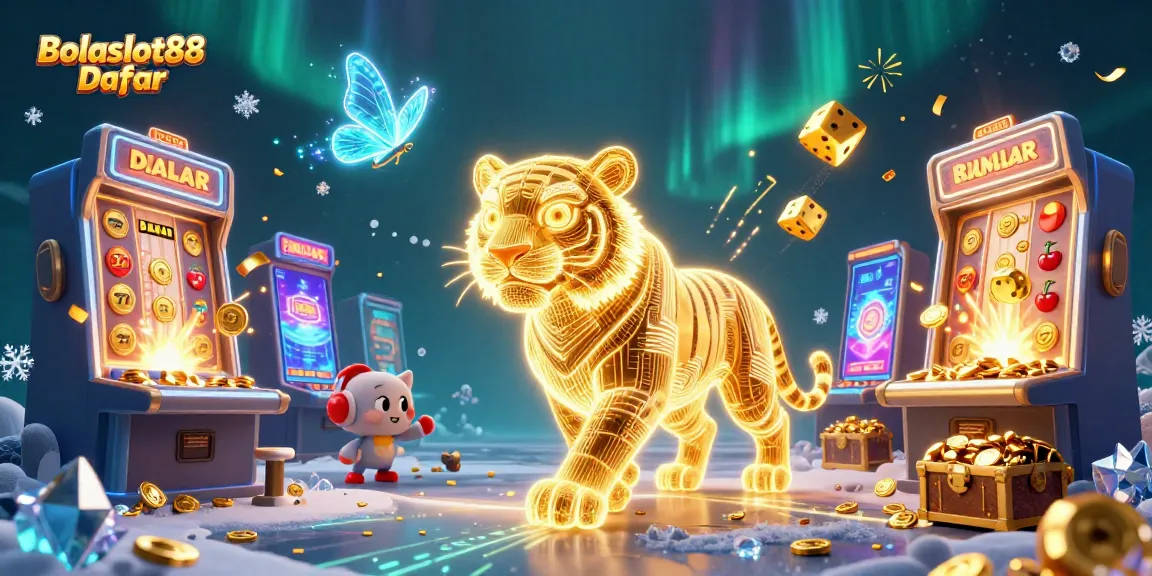 Bolaslot88 Daftar presents a vibrant 3D digital casino scene with a golden tiger and jackpots erupting.