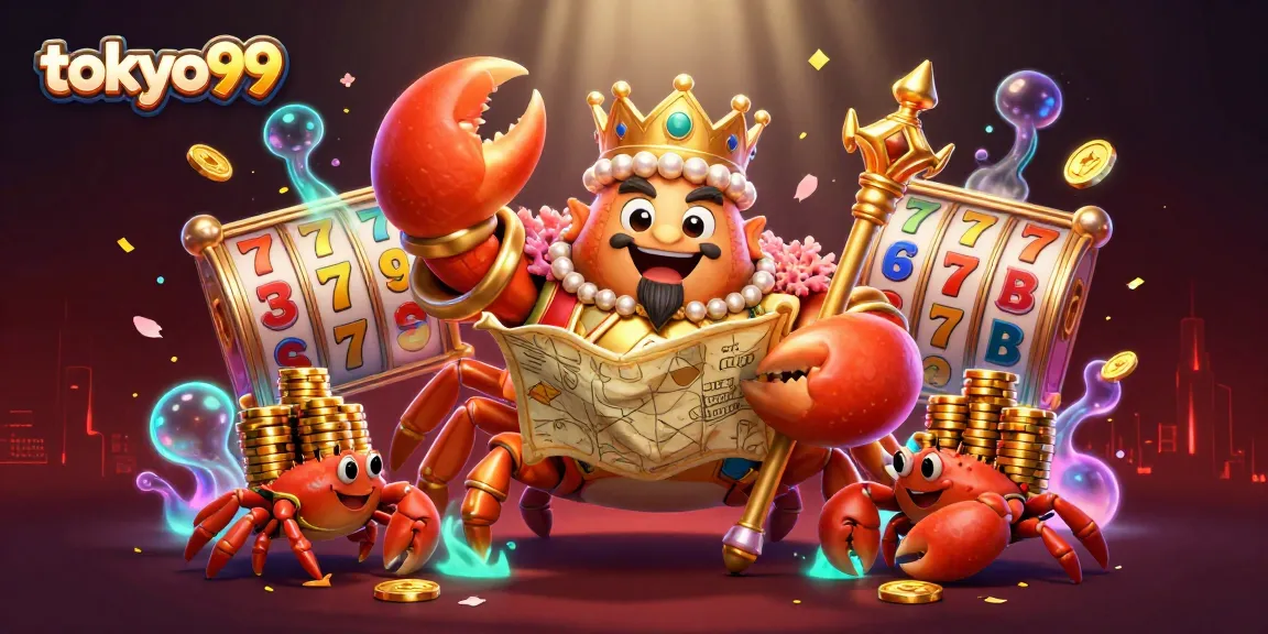 Menggambarkan tokyo99, desain ilustrasi 3D kerajaan kasino dengan kepiting emas dan elemen slot yang menarik.