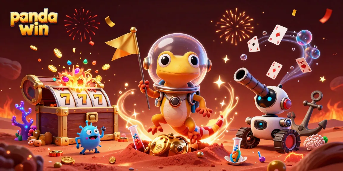 Panda win showcases a Martian gecko exploring a golden casino, symbolizing winning moments for gamblers.