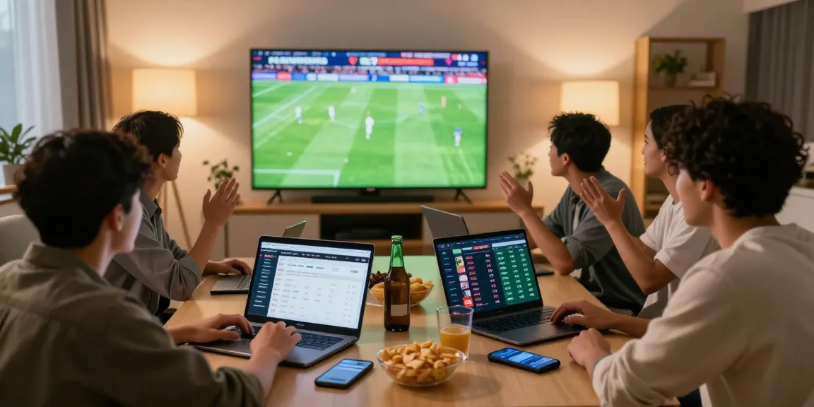 Friends enjoying a sports match while exploring TEMPOTOTO daftar for betting opportunities.