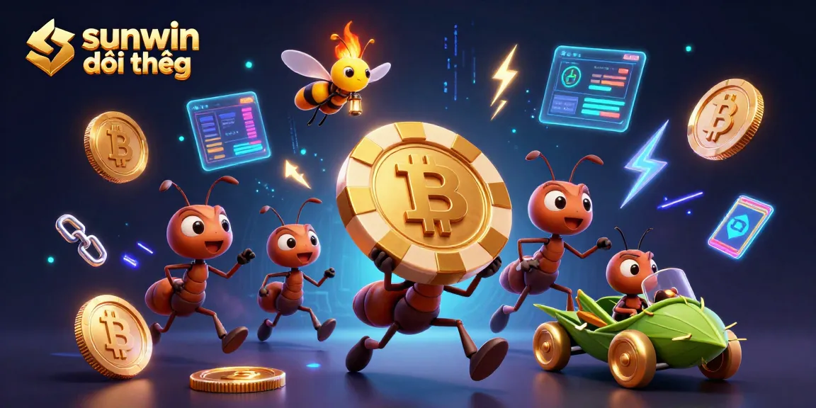 Experience sunwin đổi thưởng with vibrant cartoon ants heist scene featuring crypto elements.