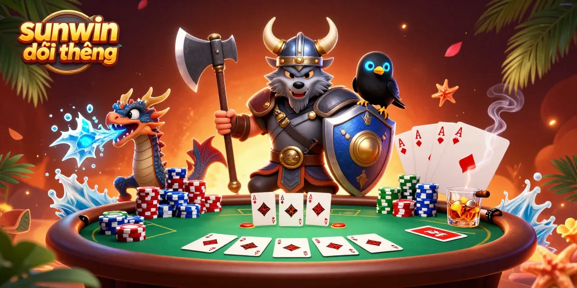 Engage with sunwin đổi thưởng action featuring a Viking wolf warrior, dragon, and poker elements.