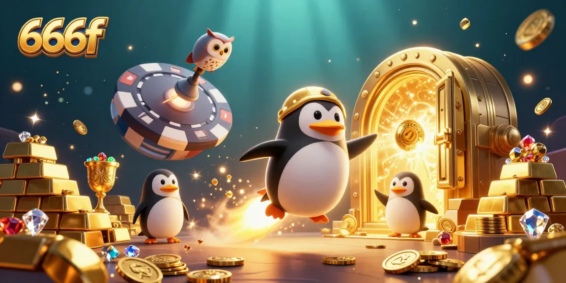 Experience the thrill of 666f gaming as a golden penguin soars past a cosmic poker chip casino.