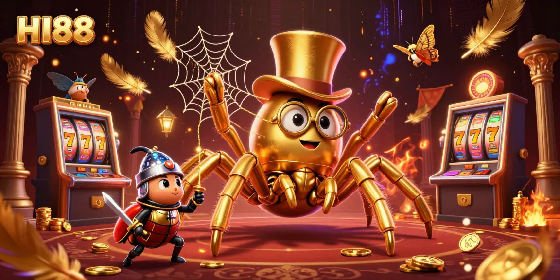 Engage with HI88's vibrant casino scene featuring a golden tarantula and brave beetle knight.