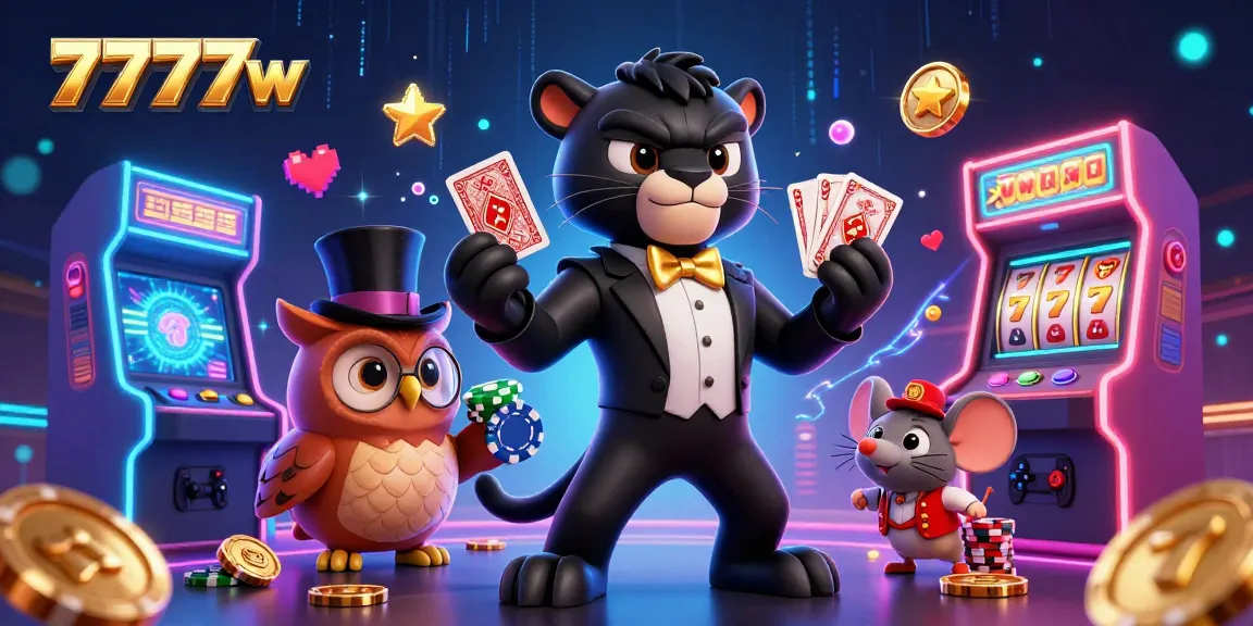 Join the 7777w gaming excitement with a lively scene featuring charming characters and vibrant casino elements.