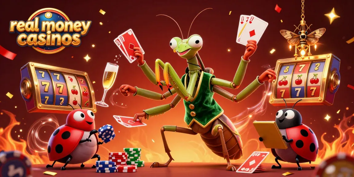 Experience the thrill of real money casinos with a vibrant 3D scene of a card sharp and pit boss amidst celebratory elements.