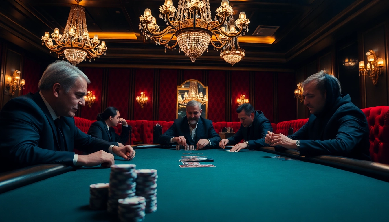 Menggoda peluang di OLYMPUS88, suasana kasino mewah dengan pemain poker serius.