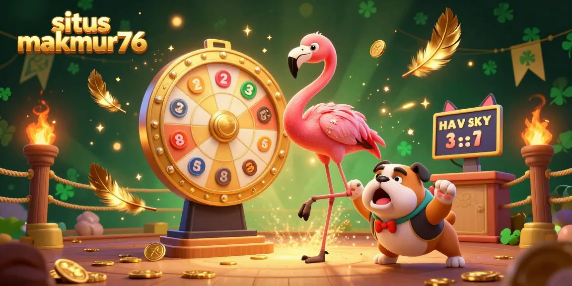 situs makmur76 presents a thrilling gambling experience with vibrant characters and a dazzling prize wheel.