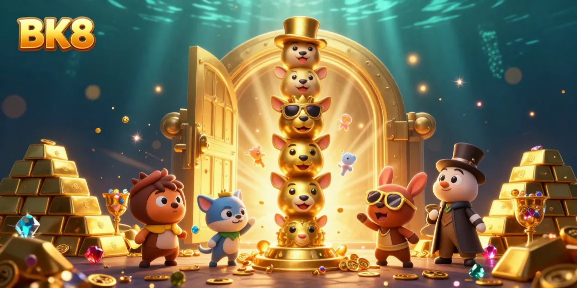 Explore BK8's vibrant gaming world with golden treasures and a charming cartoon totem pole in a 3D casino scene.