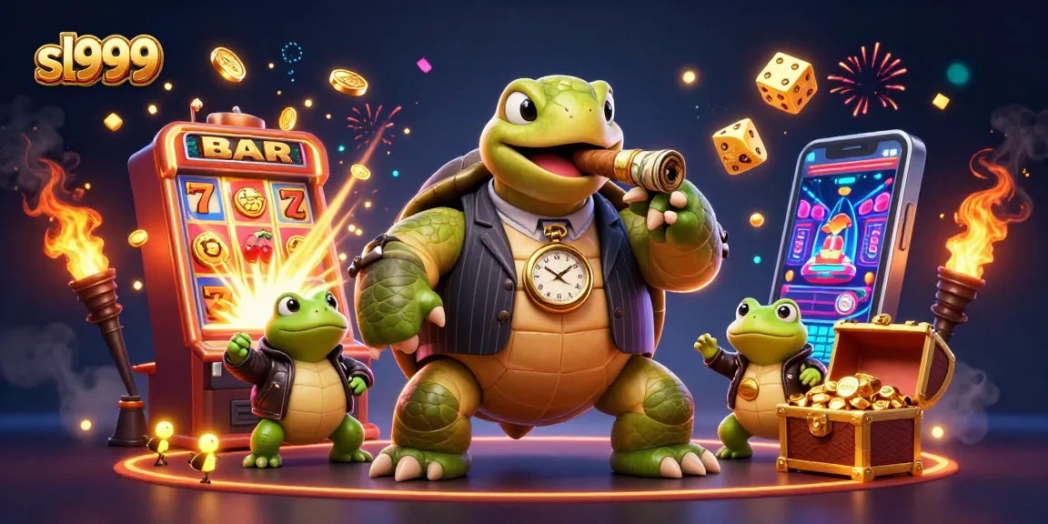 Experience the thrill of sl999 with a charismatic snapping turtle cartoon character in a vibrant casino scene.