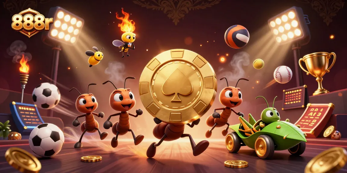 Experience thrilling victories at 888r with ants heisting a giant poker chip amidst dynamic casino elements.
