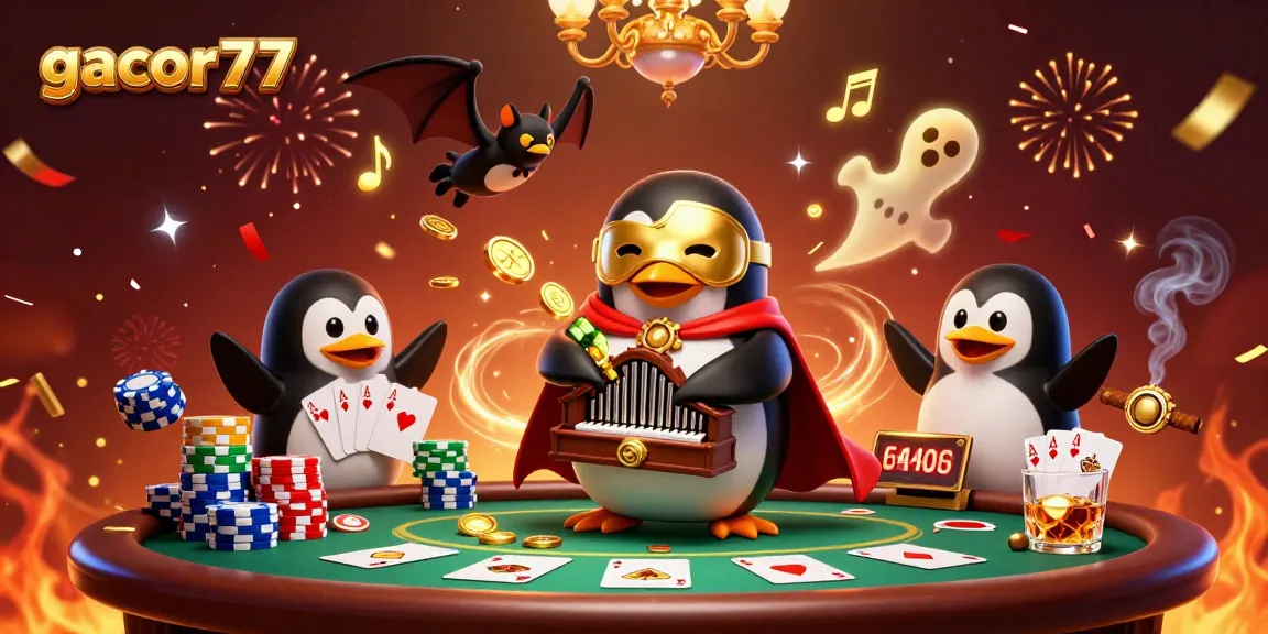 Permainan gacor77 menghibur dengan penguin opera, koin emas, dan kartu poker yang berkilauan.