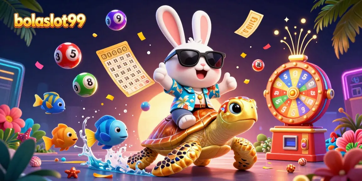 Bolaslot99 immerses players in a vibrant lottery scene featuring a lucky rabbit and golden sea turtle.