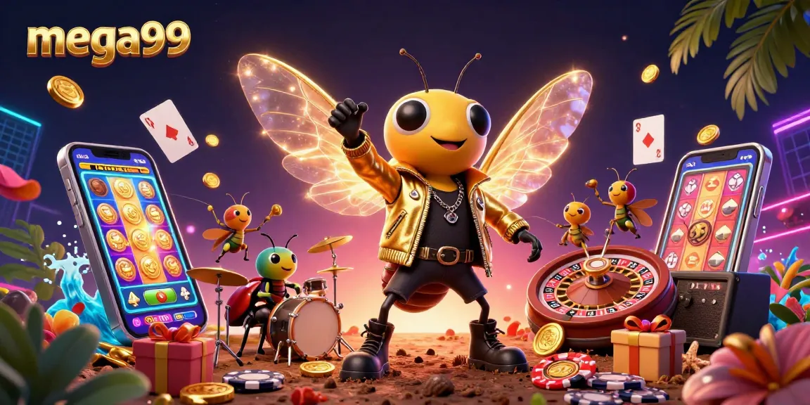 Engage with mega99's vibrant scene featuring a cartoon rock star cicada amidst dynamic slot games and casino elements.