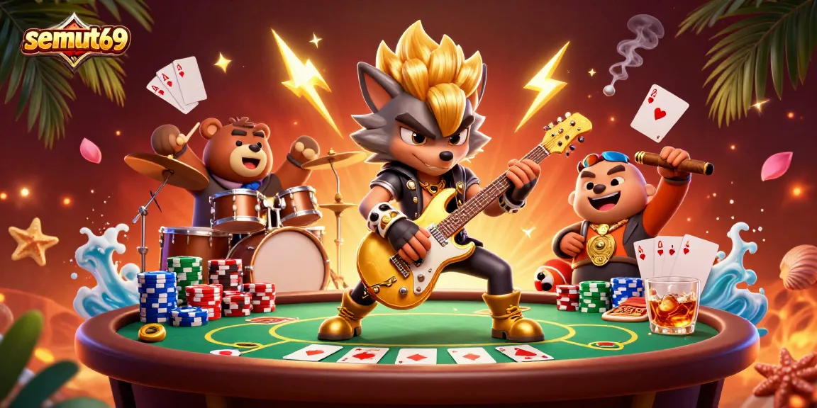 Semut69 merayakan kemenangan di kasino dengan warna-warni chip poker dan aksesoris menarik.